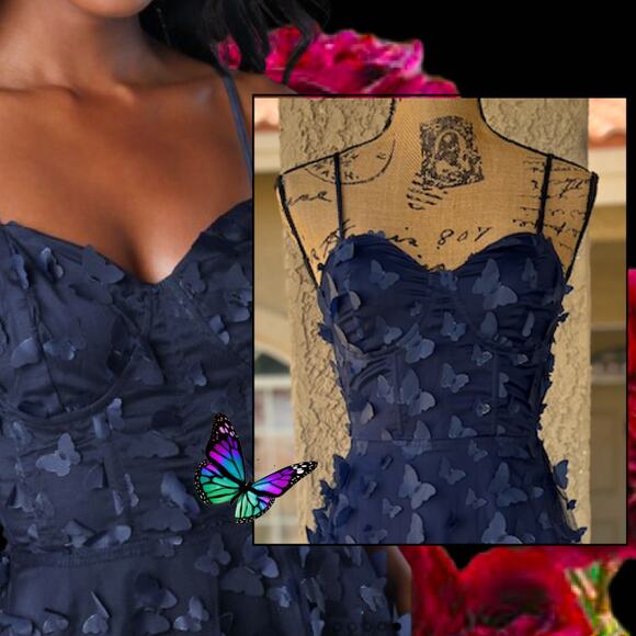 Lulus Time to Fly Navy Blue 3D Butterfly Lace-Up Midi Dress Size Small - Picture 2 of 14